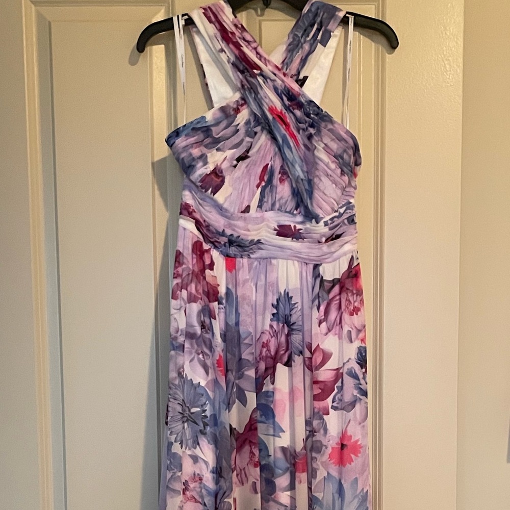 Calvin Klein Lavender and Pink Floral Cross-Front Maxi Dress